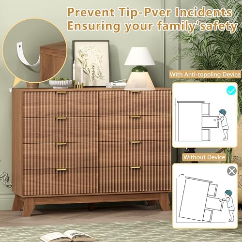 Wodeer 8 Drawer Fluted Dresser for Bedroom, Mid Century Modern Wooden Dresser with 8 Drawers, Dressers & Chests of Drawers with Metal Handle, TV Stand & Storage Organizer for Entryway, Hallway, Walnut - Image 6