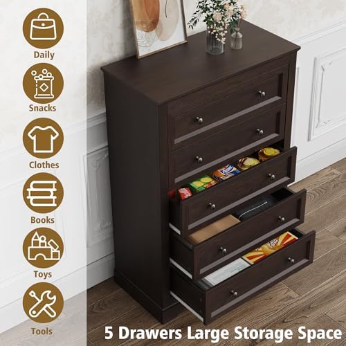 LOUVIXA Farmhouse Dresser 5 Drawer, Bedroom Chest of Drawers, Dressers with 5 Drawers, Wooden Dressers for Bedroom, Living Room, Tv Stand, Entryway(Vintage Brown) - Image 6