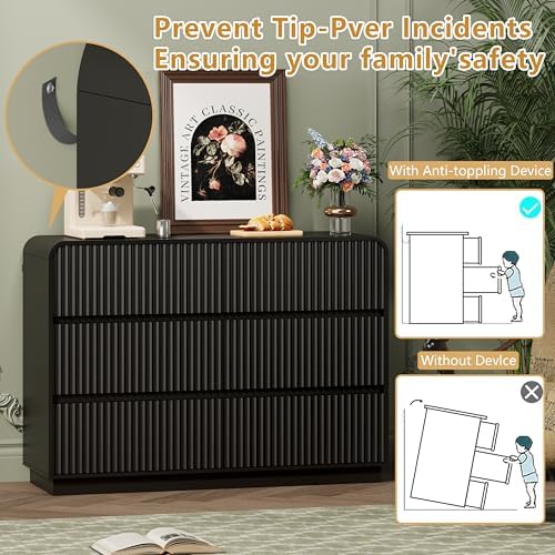 Wodeer Black Dresser Fluted 6 Drawers Dresser for Bedroom, 47" Wide Wood Chest of Drawers with Hidden Handles & Rounded Corners, Modern TV Stand Storage Cabinet for Living Room, Hallway, Entryway - Image 6