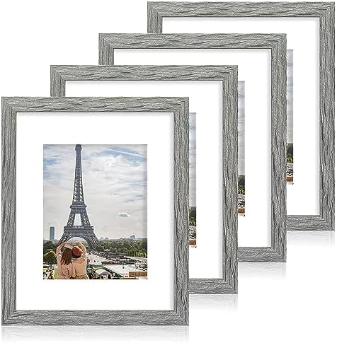 Hongkee 11x14 Picture Frame Set of 4, Made of Real Glass and Grey Wooden Frame, Display 8x10 Pictures with Mat or 11 x 14 Posters without Mat for Wall Mounting, Gallery Photo Frames by Hongkee