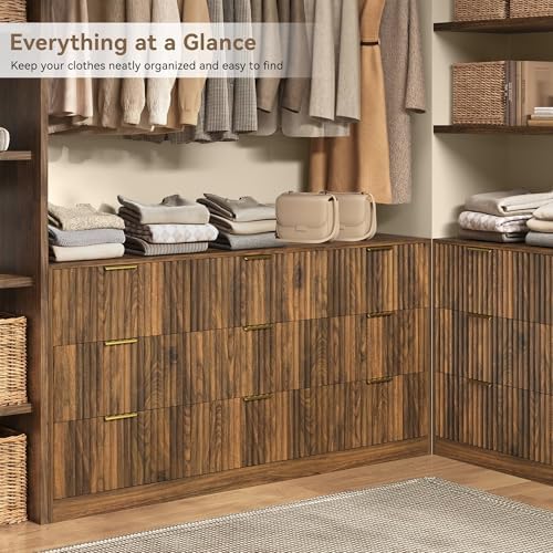 Walnut 9 Drawer Dresser for Bedroom, 63" Wide Modern Fluted Chest of Drawers, Wooden Dresser with Gold Metal Handles, Mid Century Large Dresser TV Stand for Living Room Hallway - Image 3