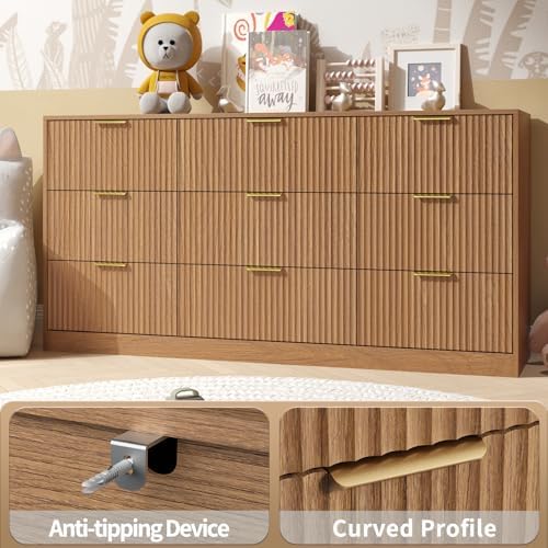 Natural Wood Dresser with 9 Drawer 63" Wide Fluted Dresser for Bedroom丨Long Dresser Modern Chest of Drawers with Gold Handle, Wood TV Stand Storage Organizer for Bedroom, Living Room, Natural Wood - Image 5