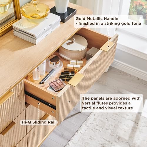 T4TREAM 6-Drawer Dresser Fluted Design, with Gold Accents (Natural Oak) - Image 4