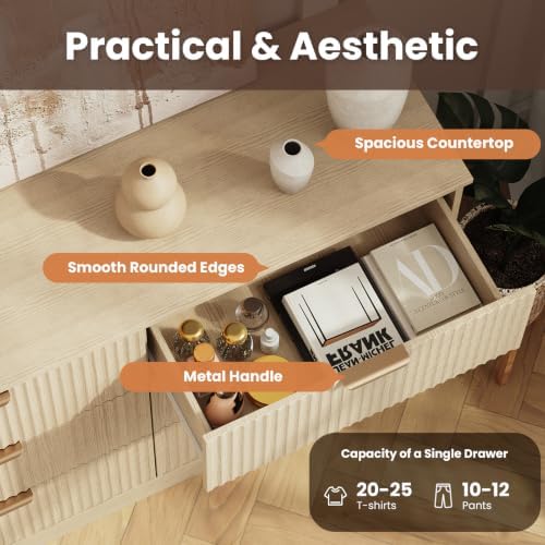 MALOL Modern Fluted 6 Drawer Dresser, Wide Wooden Storage Cabinet with Metal Handles, Silent Glide Drawers, Anti-Tip Chest for Bedroom, Living Room, Natural Wood, 47 Inch - Image 5
