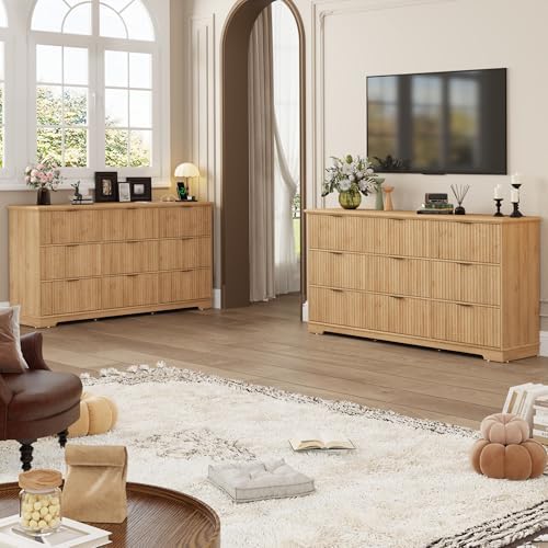 Fluted 9 Drawers Dresser for Bedroom, 63" Wood Dresser w/Power Outlet and Deep Drawers, Wide Chest of Drawers, Modern Closet Dressers for Living Room, Upgraded Version w/Wooden Drawers, Oak - Image 6