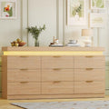 Fluted 9 Drawer Dresser LED Lights & Charging Station, Natural Oak by yesasin