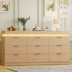 Fluted 9 Drawer Dresser LED Lights & Charging Station, Natural Oak by yesasin