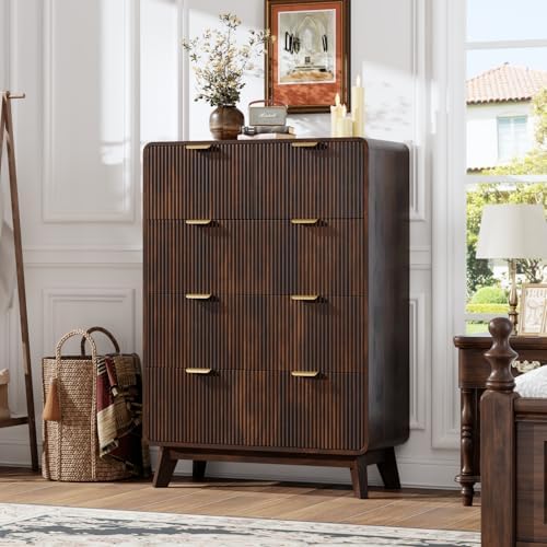QUW Fluted 5 Drawers Dresser for Bedroom, Modern 40.2" Tall Drawer Dressers with Metal Handle, Wooden Chest of Dresser for Living Room, Hallway, Solid Wood Legs, Curved Profile Design, Dark Walnut - Image 4