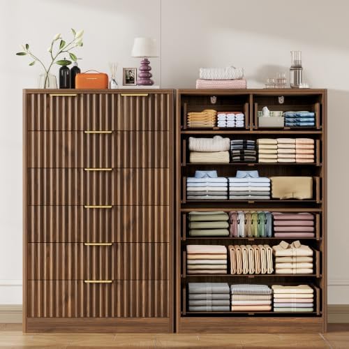 TEENOFN Fluted Dresser for Bedroom with 7 Drawers, 48" Tall Modern Chest of Drawers with Metal Handle, Wooden Dresser TV Stand, Wood Closet Clothes Storage Organizer for Living Room, Hallway, Walnut - Image 6