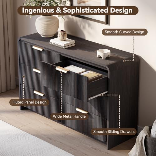 47" Fluted 6 Drawer Dresser for Bedroom, Living Room, Entryway Black Walnut - Image 3