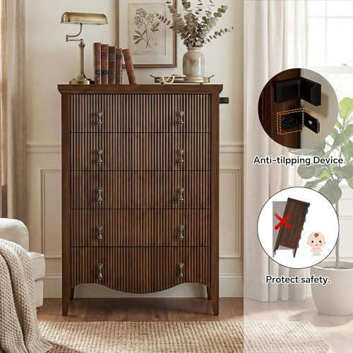 FUSUNBAO 5-Drawer 47" Tall Fluted Dresser, Vertical Chest of Drawers,Walnut - Image 6