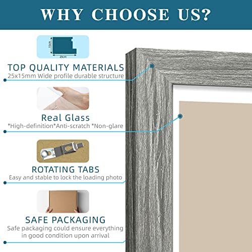Hongkee 6x6 Picture Frame Set of 4, Made of Glass and Grey Wooden Frame - Display Picture 4x4 with Mat or 6 x 6 Without Mat, 6x6 Photo for Wall or Tabletop - Image 6