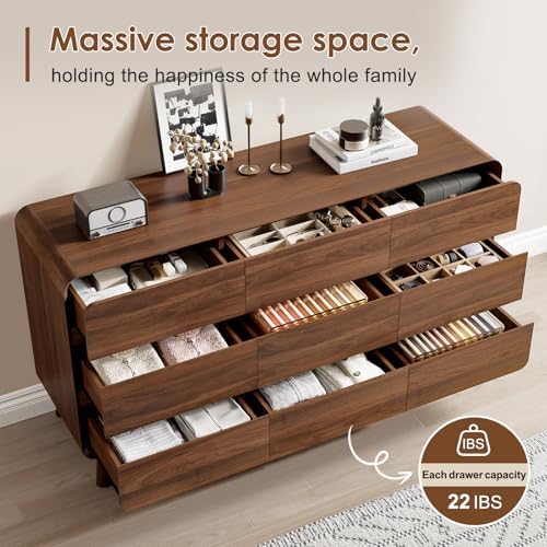 Nasonet 9 Drawer Dresser for Bedroom, 55'' Wide Mid Century Modern Wood Chest of Drawers, Large Storage Drawer Dresser TV Stand, Walnut - Image 5