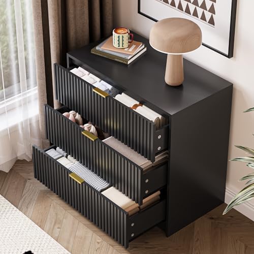 MAISONARIA Black Fluted Dresser for Bedroom, 32 Inch Wide Nightstand with Large Drawer, 3 Drawer End Table for Bedroom, Living Rooms, Offices, and Entryways - Image 3