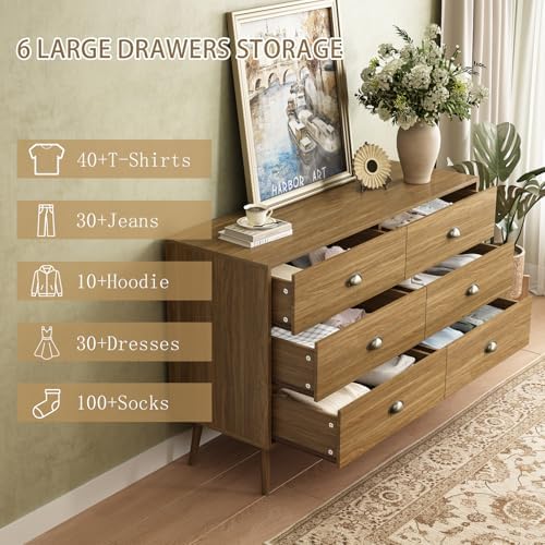 Oak 6 Drawer Dresser for Bedroom, 47" Wood Dresser with Gold Handles. - Image 5