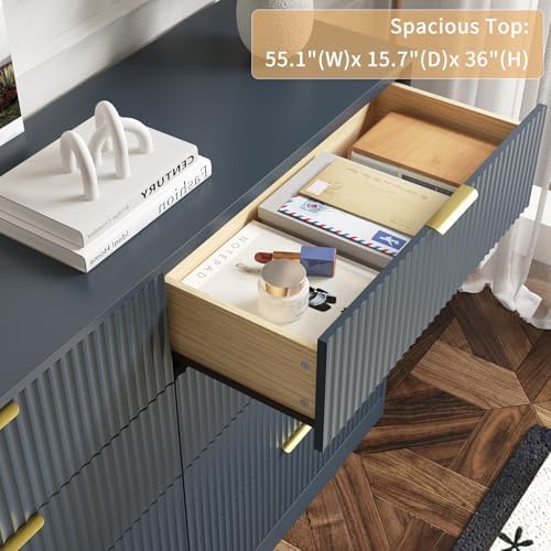 8 Drawer Dresser for Bedroom, Modern Fluted Double Dresser, 55" Wide Chest of Dressers, Mid Century Wooden Beside Table for Closet, Living Room and Entryway, Blue - Image 6