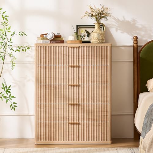 LEYAOYAO Fluted 5 Drawers Dresser for Bedroom, 41" Tall Modern Chest of Drawers with Metal Handle, Curved Profile Design,Natural Wood Drawer Organizer for Bedroom, Living Room, Hallway, Entryway - Image 5