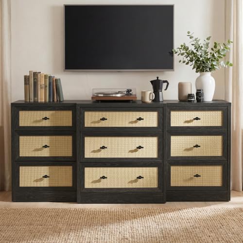 9 Drawers Dresser for Bedroom, 63" Wide Rattan Dressers w/Charging Station - Image 5