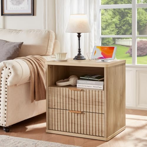 LEYAOYAO Fluted Nightstand Set of 2 with Charging Station,23" Modern Nightstand with Wood Grain Top, 2 Drawer End Table w/Storage, BedsideTable for Bedroom, Living Room, Natural - Image 2