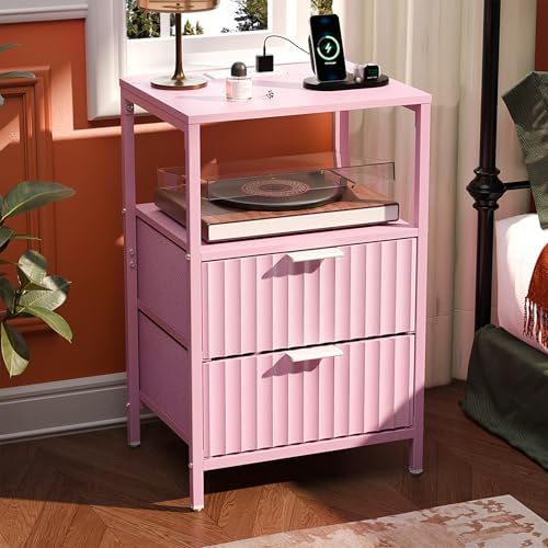 VINGLI Pink Nightstand with Charging Station and Fabric Drawers, Fluted Nightstand with Drawers, Night Stand Pink Bedside Table with Charger Station for Bedroom, Kids Room, 14.96" W*11.81" D*23.78" H by VINGLI