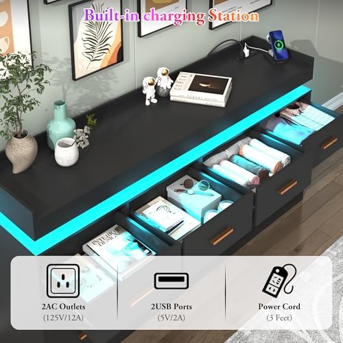 Hlivelood 12 Drawer Dresser with LED Light and Charging Station, Modern Chest of Drawers for Closet, Wide Drawer Organizer Cabinet, Living Room, Entryway, Hallway, Black - Image 5