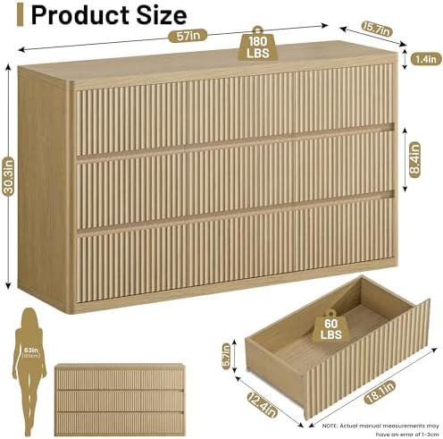 Standifurno Fluted 9 Drawers Dresser, 57" Wide Dresser for Bedroom, Modern Chest of Drawers with Curved Profile, Handleless, Wood Large Dressers TV Stand with Organizer Storage, Living Room, Natural - Image 2