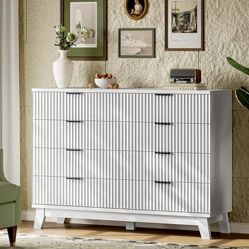 Xixini Fluted Dresser with 8 Drawers, 54" Wide Modern Chest of Drawers with Metal Handle, Wooden Dresser TV Stand, Wood Closet Clothes Storage Organizer for Bedroom, Living Room, Hallway, Solid White - Image 3
