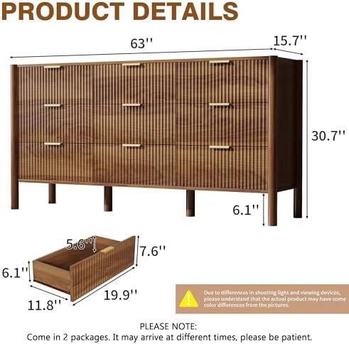 CHUWELL 63" Fluted Walnut 9 Drawer Dresser for Bedroom with Solid Wood Legs - Image 2