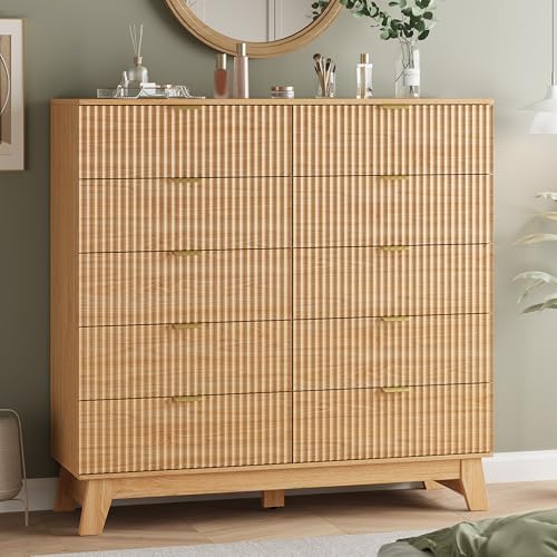 Fluted Dresser for Bedroom with 10 Drawers, 48" Wide Modern Chest of Drawers with Metal Handle, Wooden Dresser TV Stand, Wood Closet Clothes Storage Organizer for Living Room, Hallway, Natural Oak by Xixini