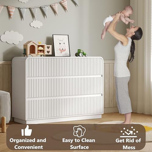 BORNOON Dresser for Bedroom with 6 Drawers, Fluted Chest of Drawers with Round Curved Corner, Hidden Handles, Modern Wood Storage Organizer for Bedroom, Nursery, Living Room - Image 5