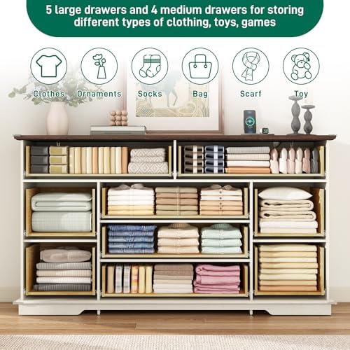 jiteentarou Farmhouse 9 Drawer Dresser for Bedroom,63” Wood Dresser & Chest of Drawers with Power Outlets,Large & Wide Dressers for Bedroom,Tall Storage Dresser Organizer(White) - Image 5