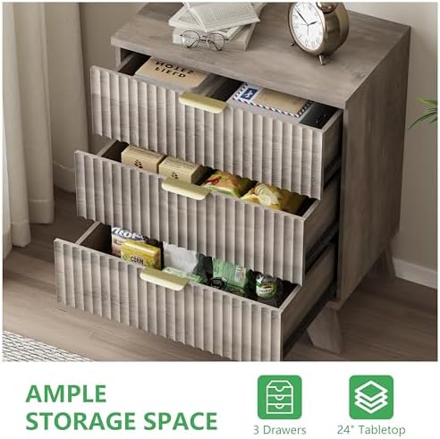 Xixini Fluted Dresser for Bedroom with 3 Drawers, 24" Wide Modern Chest of Drawers with Metal Handle, Wooden Dresser TV Stand, Wood Closet Clothes Storage Organizer for Living Room, Hallway, Grey - Image 6