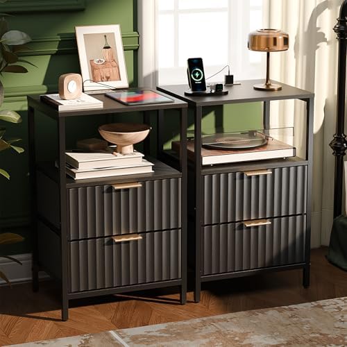 VINGLI Black Nightstands Set of 2 with Fabric Drawers, Fluted Nightstands with Charging Station, Night Stand Set of 2, Small Bedside Table, Bed Side Table/Night Stand with Charging Station for Bedroom by VINGLI