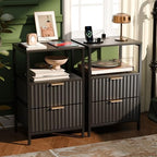 VINGLI Black Nightstands Set of 2 with Fabric Drawers, Fluted Nightstands with Charging Station, Night Stand Set of 2, Small Bedside Table, Bed Side Table/Night Stand with Charging Station for Bedroom by VINGLI