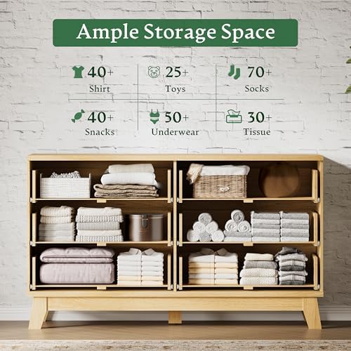Xixini Fluted Dresser with 6 Drawers, 54" Wide Modern Chest of Drawers with Metal Handle, Wooden Dresser TV Stand, Wood Closet Clothes Storage Organizer for Bedroom, Living Room, Hallway, Natural Oak - Image 4