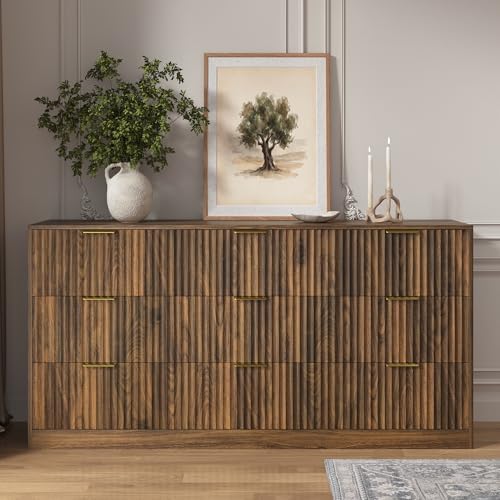 Walnut 9 Drawer Dresser for Bedroom, 63" Wide Modern Fluted Chest of Drawers, Wooden Dresser with Gold Metal Handles, Mid Century Large Dresser TV Stand for Living Room Hallway - Image 6