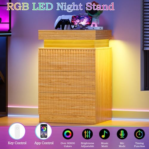 Fluted LED Night Stand with Charging Station, Natural Oak - Image 3