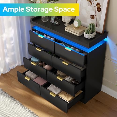 knoworld 6 Drawer Dresser for Bedroom, Black Dresser with LED Lights and Power Outlet, Large Wooden Dressers Modern Chest of Drawers, Double Wide 6 Drawer Dressers for Bedroom, Entryway, Hallway - Image 3