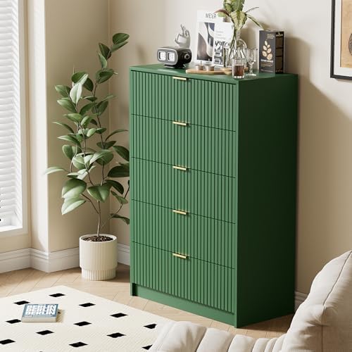 Furniway Green Dresser for Bedroom, Modern Dresser with 5 Drawers and Smooth Slides, Wide Chest of Drawers with Golden Handles for Bedroom, Living Room, Closet, 15.7" D x 31.5" W x 47.2" H - Image 7