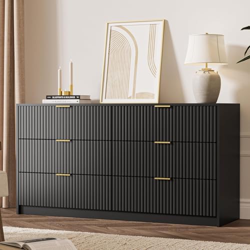 MAISONARIA Black 6 Drawer Dresser for Bedroom, 55" Wide Modern Chest of Drawers with Gold Metal Handles, Fluted Wood TV Stand for Living Room, Hallway - Image 7