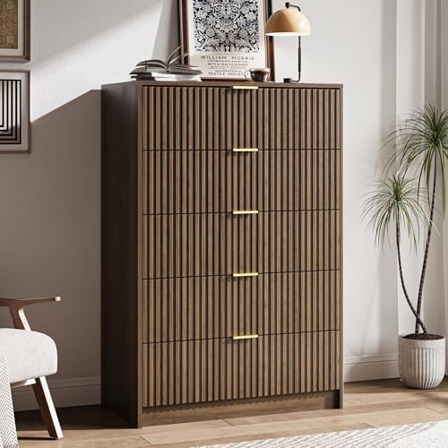 MAISONARIA 5 Drawer Dresser for Bedroom, Tall Dresser Chest of Drawers with Gold Handles, 32 Inch Wide Nightstand with for Bedroom, Living Rooms, Offices, and Entryways, Walnut - Image 6
