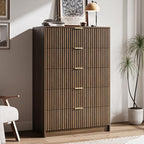 MAISONARIA 5 Drawer Dresser for Bedroom, Tall Dresser Chest of Drawers with Gold Handles, 32 Inch Wide Nightstand with for Bedroom, Living Rooms, Offices, and Entryways, Walnut - Image 6