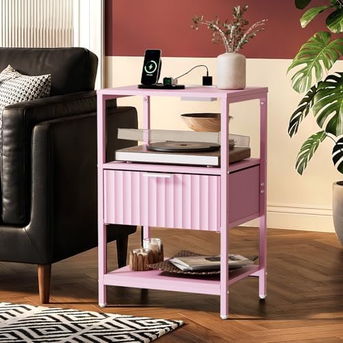 VINGLI Nightstands Set of 2 with Fabric Drawer, Pink Nightstands with Charging Station, Fluted Nightstand Pink Bedside Table/End Table for Bedroom, Night Stand Small for Kids Room, 2 pcs - Image 3