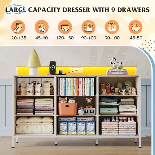 WLIVE Dresser TV Stand 9 Drawers, Fabric Chest of Drawers LED Lights, Cream - Image 4