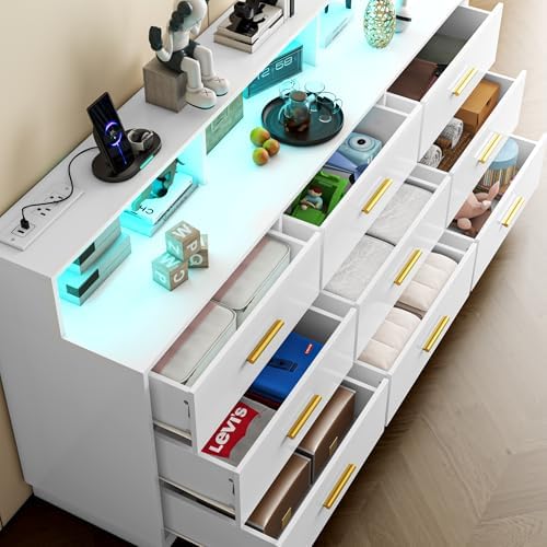 UNIQUITE White 9 Drawer Dressers for Bedroom, Modern Large Dresser with LED Light and Power Outlet, Wooden Long Dresser for Bedroom, Entryway, Hallway - Image 3