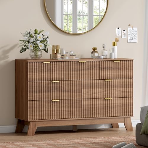 Wodeer 7 Drawer Fluted Dresser for Bedroom, Mid Century Modern Wooden Dresser with 7 Drawers, Dressers & Chests of Drawers with Metal Handle, TV Stand & Storage Organizer for Entryway, Hallway, Walnut by WODEER