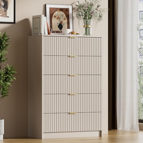Furniway Beige Dresser for Bedroom, Modern Dresser with 5 Drawers and Smooth Slides, Wide Chest of Drawers with Golden Handles for Bedroom, Living Room, Closet, 15.7" D x 31.5" W x 47.2" H by Furniway