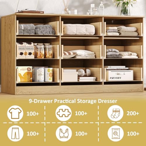 60.3" Wide Fluted 9 Drawer Dresser for Bedroom, Natural - Image 6