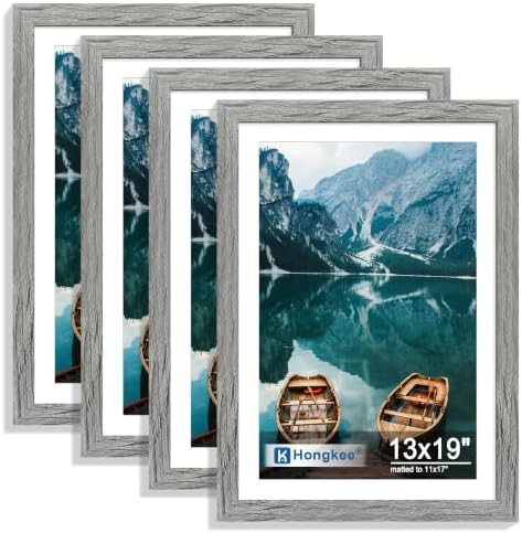 Hongkee 13x19 Picture Frame Set of 4, 13 x 19 Grey Wood Style(Mat 11x17) by Hongkee