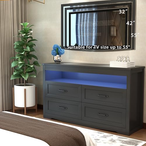 Wodeer Black Dresser for Bedroom, Wood 4 Drawer Dresser with LED Light, Dressers & Chests of Drawers with Metal Handles, Storage and Organization for Bedroom, Hallway, Entryway - Image 3